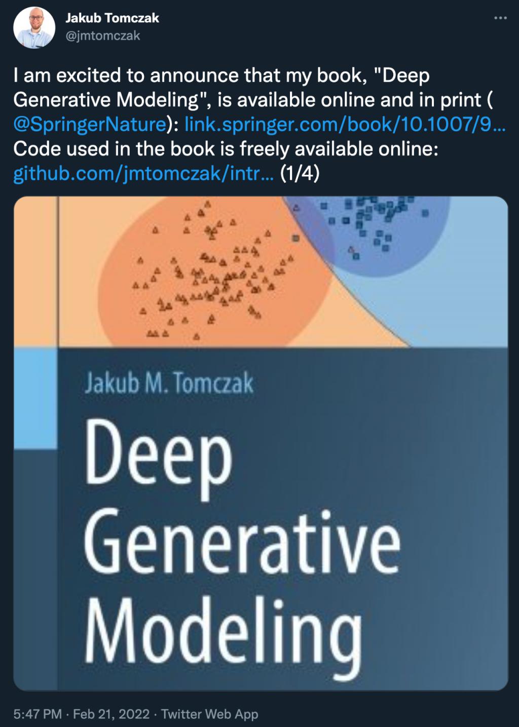 Max Welling 作序，前高通 AI 研究员 Jakub Tomczak 新书《深度生成模型》出版 